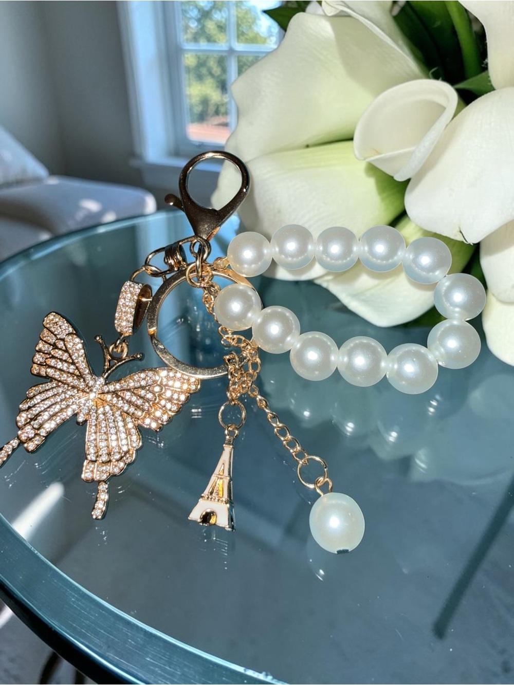 Paris Pearl Beaded Bag Charm with Rhinestone Butterfly & Eiffel Tower